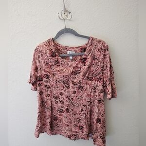 Denim & Co. Top Blouse Women Large Salmon Paisley Round Neck Short Sleeve Cotton